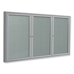 Ghent MFG 3 Door Enclosed Vinyl Bulletin Board with Satin Aluminum Frame, 96 x 48, Silver Surface
