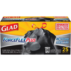 Glad ForceFlexPlus Drawstring Large Trash Bags, 30 gal, Black, 25/BX, 6/CT