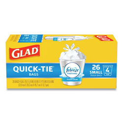 Glad OdorShield Quick-Tie Small Trash Bags, 4 gal, 0.5 mil, 8 in x 18 in, White, 156/Carton
