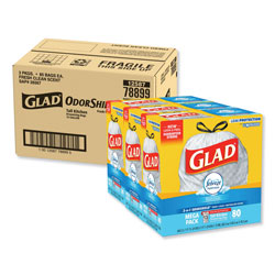 Glad OdorShield Tall Kitchen Drawstring Bags, 13 gal, 0.95 mil, 24 in x 27.38 in, White, 240/Carton