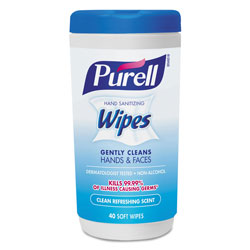 Purell Hand Sanitizing Wipes, 5 7/10 x 7 1/2, Clean Refreshing Scent, 40/Canister