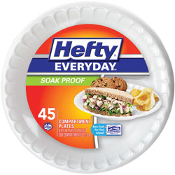 Hefty Foam Plate, 3-Section, Soak-Proof, 8-7/8 in, 45/PK, White