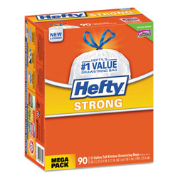 Hefty Strong Tall Kitchen Drawstring Bags, 13 gal, 0.9 mil, 34 in x 48 in, White, 90/Box
