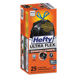 Hefty Ultra Flex Waste Bags, 30 gal, 1.05 mil, 6 in x 2.1 in, Black, 150/Carton