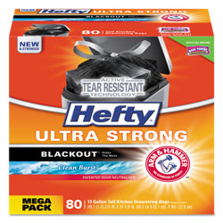 Hefty Ultra Strong BlackOut Tall-Kitchen Drawstring Bags, 13 gal, 0.9 mil, 23.75 in x 24.88 in, Black, 240/Carton