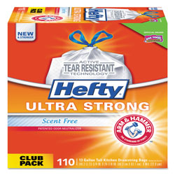 Hefty Ultra Strong Tall Kitchen and Trash Bags, 13 gal, 0.9 mil, 23.75 in x 24.88 in, White, 110/Box