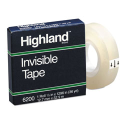 Highland Invisible Permanent Mending Tape, 1" Core, 0.5" x 36 yds, Clear (MMM6200121296)