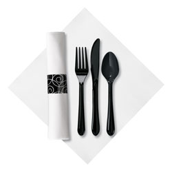 Hoffmaster CaterWrap Heavyweight Cutlery Combo, Fork/Spoon/Knife/Napkin, Black, 100/Carton