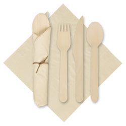 Hoffmaster Pre-Rolled Caterwrap Kraft Napkins with Wood Cutlery, 6 x 12 Napkin;Fork;Knife;Spoon, 7 in to 9 in, Kraft, 100/Carton