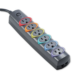 Kensington SmartSockets Color-Coded Strip Surge Protector, 6 Outlets, 6 ft Cord, 670 Joules