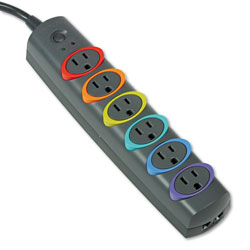 Kensington SmartSockets Color-Coded Strip Surge Protector, 6 Outlets, 7 ft Cord, 945 Joules