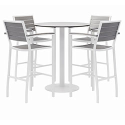 KFI Seating Eveleen Outdoor Bistro Patio Table w/ Four Gray Powder-Coated Polymer Barstools, Round, 41 inh, White