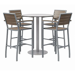 KFI Seating Eveleen Outdoor Bistro Patio Table w/ Four Mocha Powder-Coated Polymer Barstools, Round, 41 inh, Gray