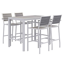 KFI Seating Eveleen Outdoor Bistro Patio Table with Four Gray Powder-Coated Polymer Barstools, 32 x 55, Gray