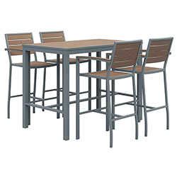 KFI Seating Eveleen Outdoor Bistro Patio Table with Four Mocha Powder-Coated Polymer Barstools, 32 x 55, Mocha