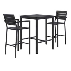 KFI Seating Eveleen Outdoor Bistro Patio Table with Two Black Powder-Coated Polymer Barstools, 30 in Square, Black