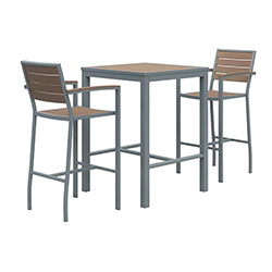 KFI Seating Eveleen Outdoor Bistro Patio Table with Two Mocha Powder-Coated Polymer Barstools, 30 in Square, Mocha