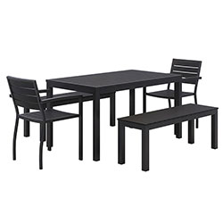 KFI Seating Eveleen Outdoor Patio Table w/ Two Black Powder-Coated Polymer Chairs and Two Benches, 32 x 55, Gray