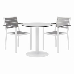 KFI Seating Eveleen Outdoor Patio Table with 2 Gray Powder-Coated Polymer Chairs, 30 in Dia x 29h, Designer White