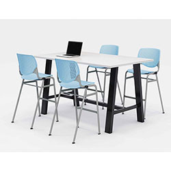 KFI Seating Midtown Bistro Dining Table with Four Sky Blue Kool Barstools, 36 x 72 x 41, Designer White