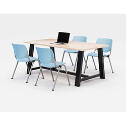 KFI Seating Midtown Dining Table with Four Sky Blue Kool Series Chairs, 36 x 72 x 30, Kensington Maple