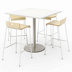 KFI Seating Pedestal Bistro Table with 4 Natural Jive Series Barstools, Square, 36 x 36 x 41, Designer White