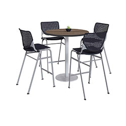 KFI Seating Pedestal Bistro Table with Four Black Kool Series Barstools, Round, 36 in Dia x 41h, Studio Teak
