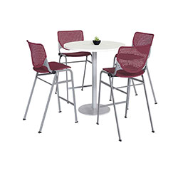 KFI Seating Pedestal Bistro Table with Four Burgundy Kool Series Barstools, Round, 36 in Dia x 41h, Designer White