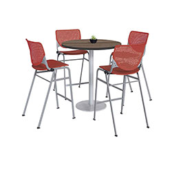 KFI Seating Pedestal Bistro Table with Four Coral Kool Series Barstools, Round, 36 in Dia x 41h, Studio Teak