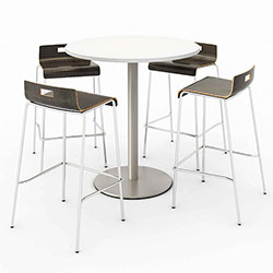 KFI Seating Pedestal Bistro Table with Four Espresso Jive Series Barstools, Round, 36 in Dia x 41h, Designer White