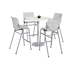 KFI Seating Pedestal Bistro Table with Four Light Gray Kool Series Barstools, Round, 36 in Dia x 41h, Designer White
