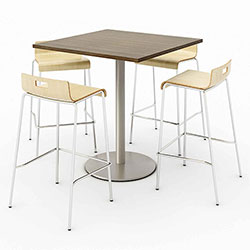 KFI Seating Pedestal Bistro Table with Four Natural Jive Series Barstools, Square, 36 x 36 x 41, Studio Teak