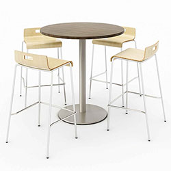 KFI Seating Pedestal Bistro Table with Four Natural Jive Series Barstools, Round, 36 in Dia x 41h, Studio Teak