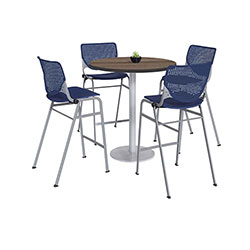 KFI Seating Pedestal Bistro Table with Four Navy Kool Series Barstools, Round, 36 in Dia x 41h, Studio Teak