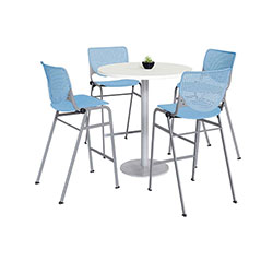 KFI Seating Pedestal Bistro Table with Four Sky Blue Kool Series Barstools, Round, 36 in Dia x 41h, Designer White
