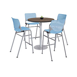 KFI Seating Pedestal Bistro Table with Four Sky Blue Kool Series Barstools, Round, 36 in Dia x 41h, Studio Teak