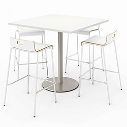 KFI Seating Pedestal Bistro Table with Four White Jive Series Barstools, Square, 36 x 36 x 41, Designer White
