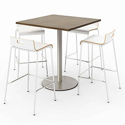 KFI Seating Pedestal Bistro Table with Four White Jive Series Barstools, Square, 36 x 36 x 41, Studio Teak