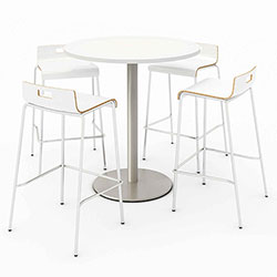 KFI Seating Pedestal Bistro Table with Four White Jive Series Barstools, Round, 36 in Dia x 41h, Designer White