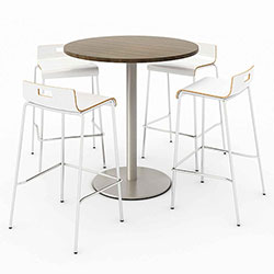 KFI Seating Pedestal Bistro Table with Four White Jive Series Barstools, Round, 36 in Dia x 41h, Studio Teak