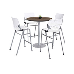 KFI Seating Pedestal Bistro Table with Four White Kool Series Barstools, Round, 36 in Dia x 41h, Studio Teak
