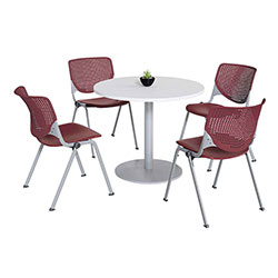KFI Seating Pedestal Table with Four Burgundy Kool Series Chairs, Round, 36 in Dia x 29h, Designer White