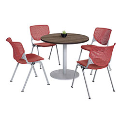 KFI Seating Pedestal Table with Four Coral Kool Series Chairs, Round, 36 in Dia x 29h, Studio Teak