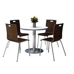 KFI Seating Pedestal Table with Four Espresso Jive Series Chairs, Round, 36 in Dia x 29h, Crisp Linen
