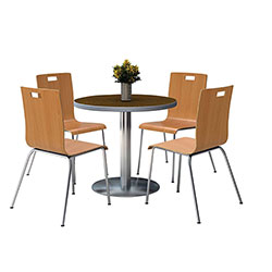KFI Seating Pedestal Table with Four Natural Jive Series Chairs, Round, 36 in Dia x 29h, Walnut