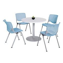 KFI Seating Pedestal Table with Four Sky Blue Kool Series Chairs, Round, 36 in Dia x 29h, Designer White