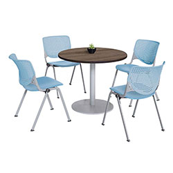KFI Seating Pedestal Table with Four Sky Blue Kool Series Chairs, Round, 36 in Dia x 29h, Studio Teak