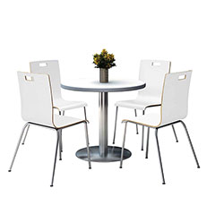 KFI Seating Pedestal Table with Four White Jive Series Chairs, Round, 36 in Dia x 29h, Crisp Linen
