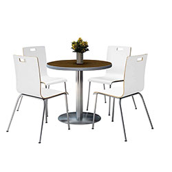KFI Seating Pedestal Table with Four White Jive Series Chairs, Round, 36 in Dia x 29h, Walnut