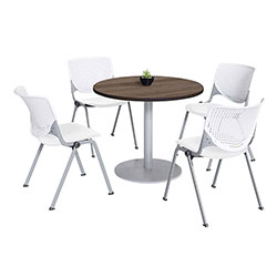 KFI Seating Pedestal Table with Four White Kool Series Chairs, Round, 36 in Dia x 29h, Studio Teak